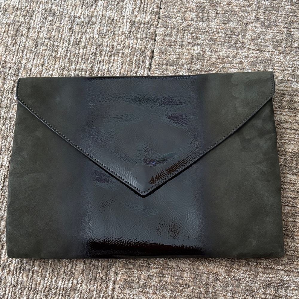 Vince Camuto Khaki Green with Glossy Black Accent Envelope Clutch Bag